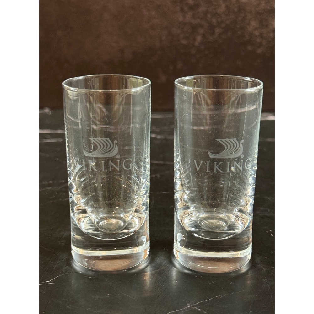 Vintage PAIR (2) Viking Cruise Line Etched 3.25in Shot Glasses